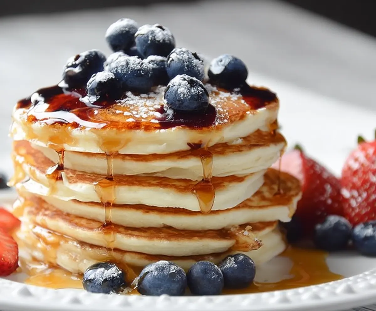 Delicious low calorie skinny pancakes stacked on a plate, perfect for a healthy breakfast option.