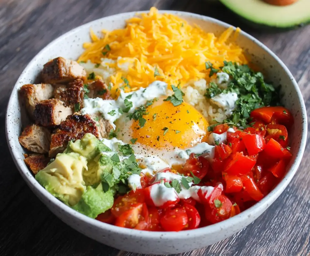 Delicious low carb breakfast burrito bowl topped with fresh vegetables and melted cheese.