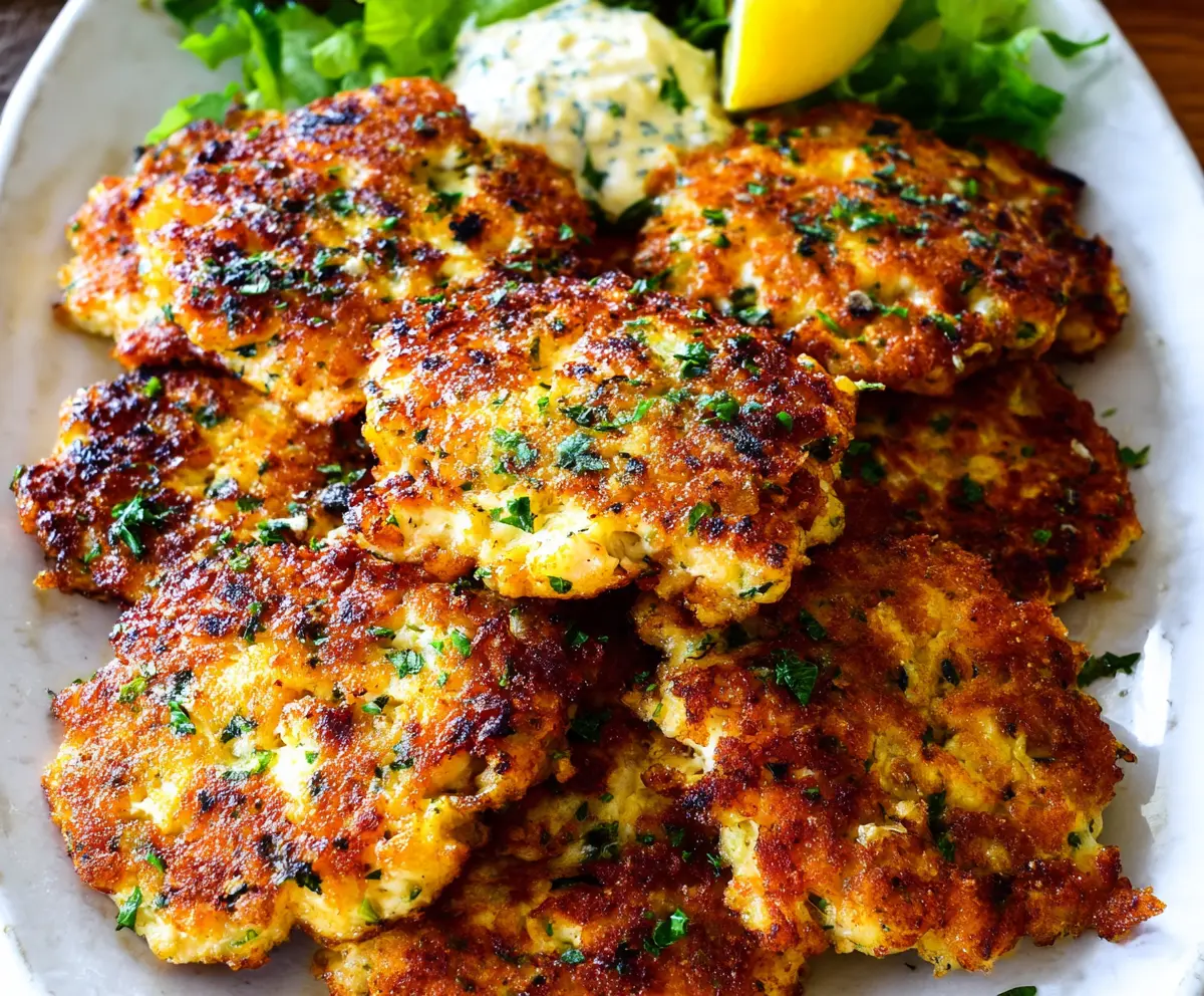 Delicious low carb cheesy chicken fritters served on a plate, perfect for a healthy dinner.