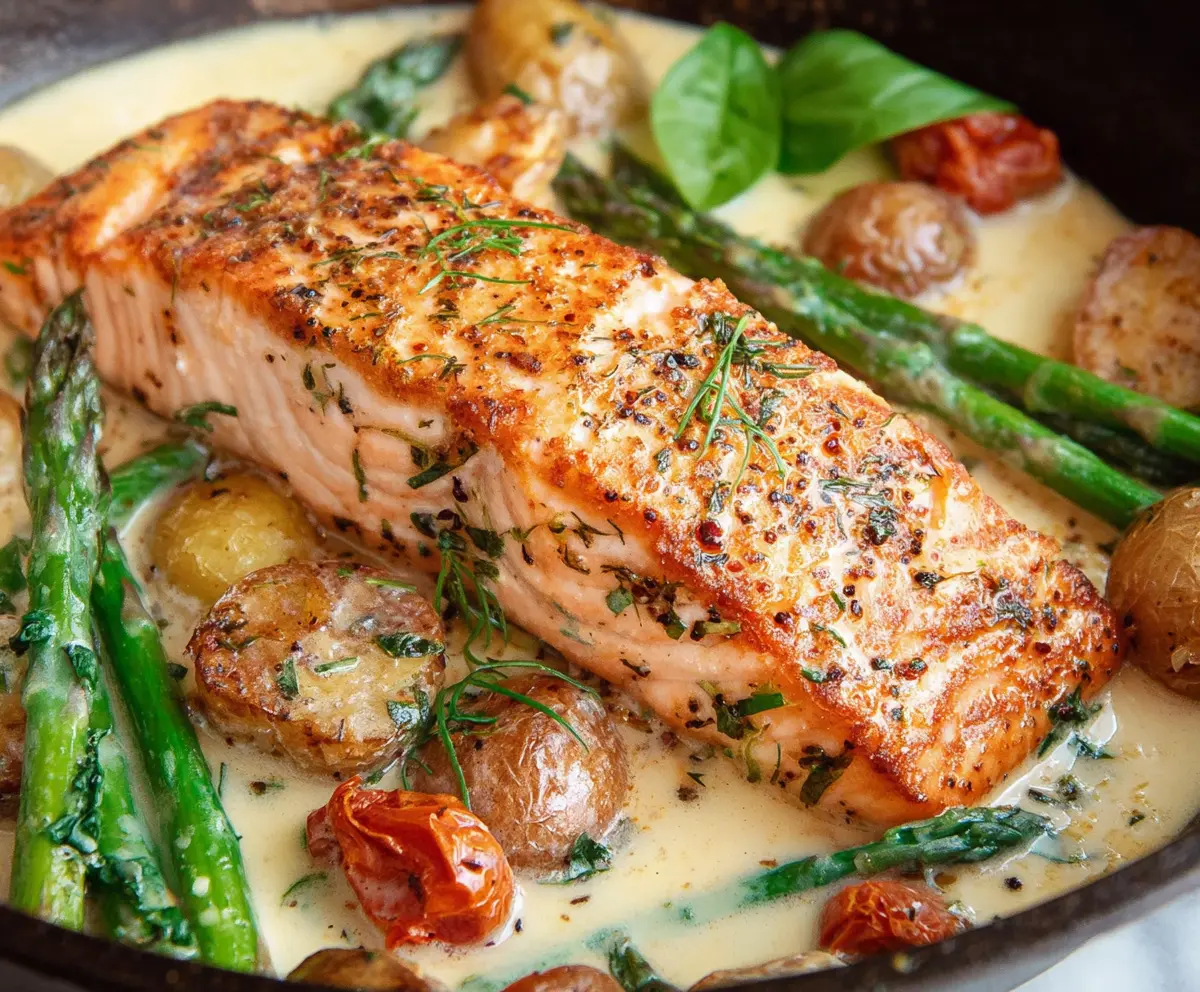 Delicious Marry Me Salmon recipe featuring perfectly cooked salmon topped with fresh herbs and vibrant lemon slices.