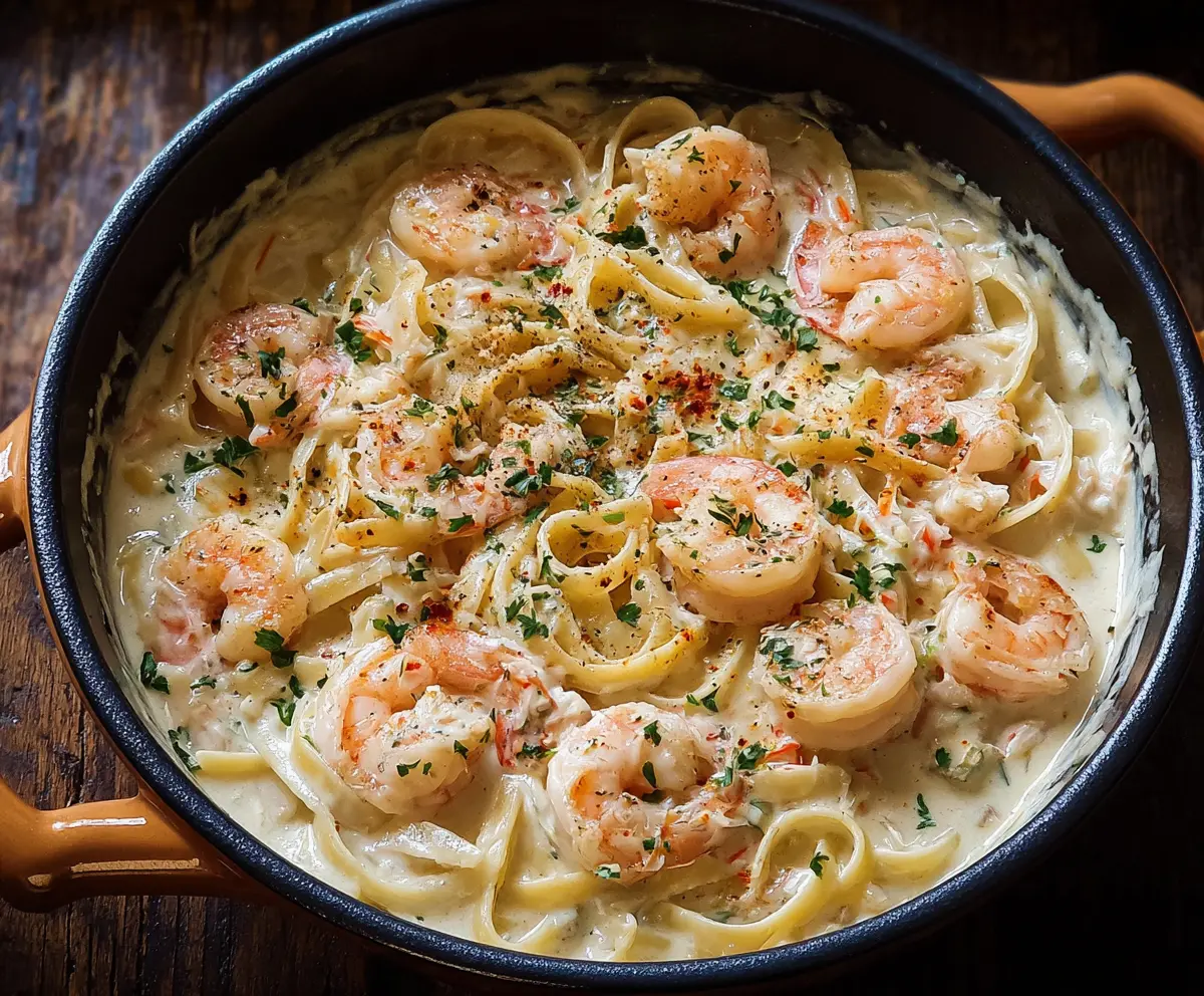 Delicious one pot shrimp and crab Alfredo pasta served in a bowl, showcasing creamy seafood Alfredo sauce topped with fresh herbs.