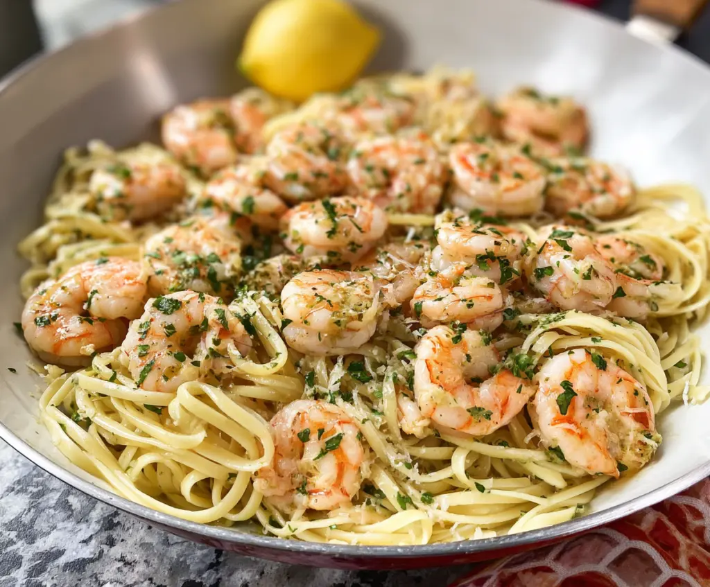 Delicious shrimp scampi served on a plate with fresh herbs, ready for any occasion.