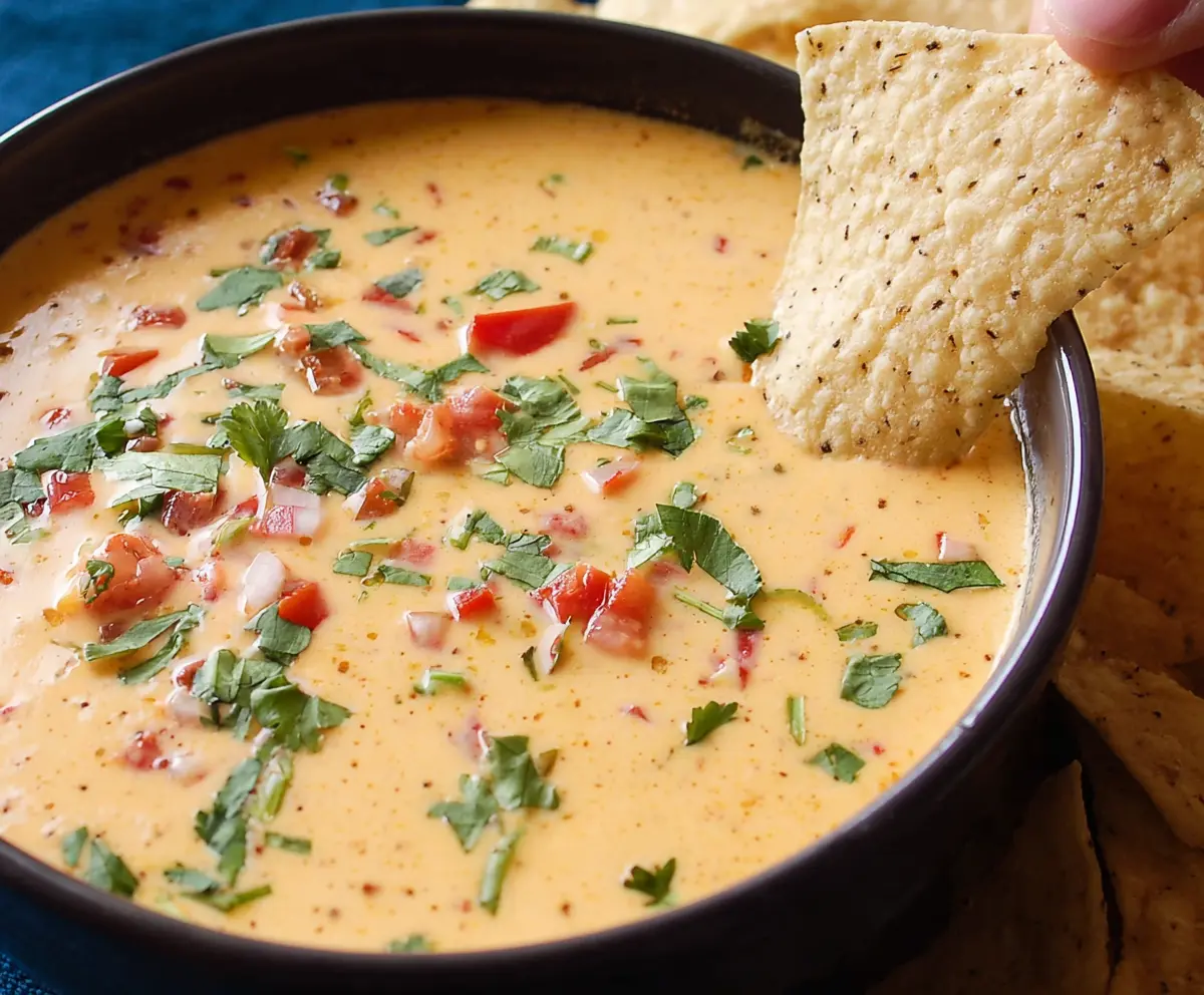 Creamy Queso Dip in 10 Minutes served with tortilla chips for a quick snack.