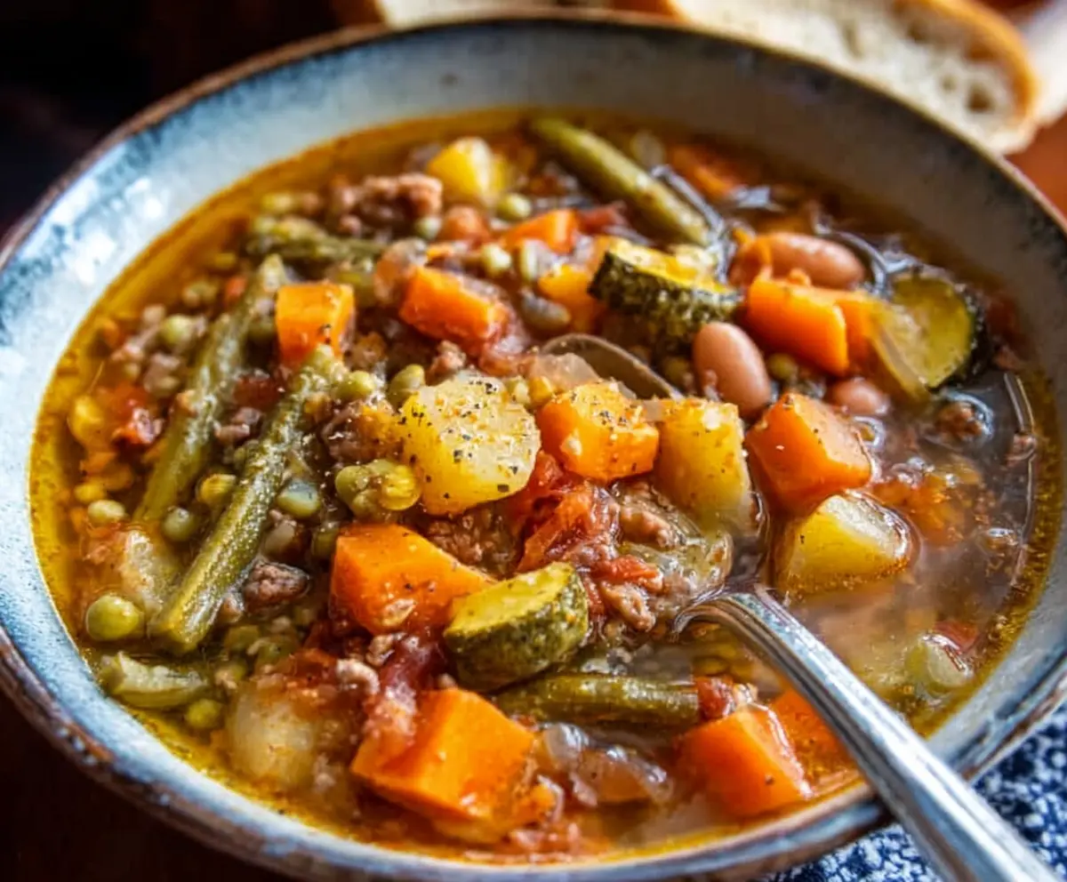 Hearty rustic vegetable soup in a bowl with fresh herbs and crusty bread on a wooden table.
