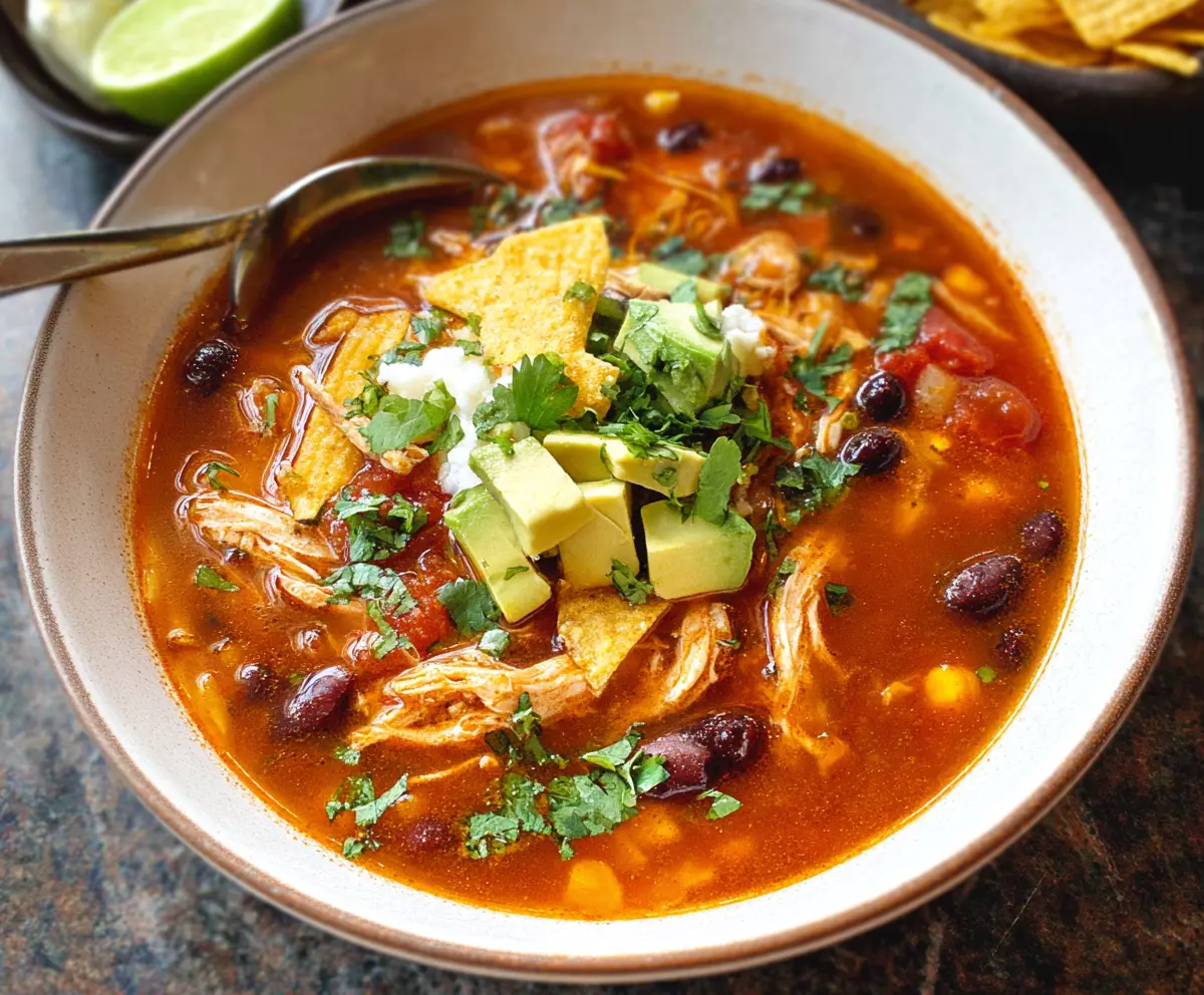 Delicious savory chicken tortilla soup garnished with fresh cilantro and lime slices.