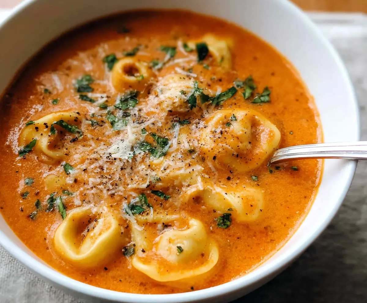 Creamy Silky Tortellini Soup in a bowl with fresh herbs and grated cheese