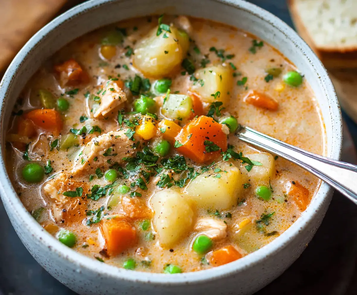 Delicious slow cooker chicken corn soup in a cozy bowl, topped with fresh herbs.