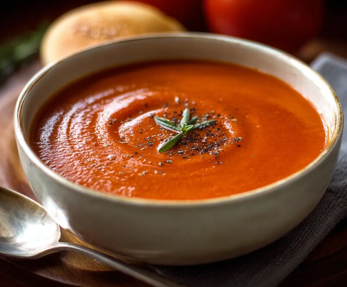 Creamy and delicious smooth tomato soup served in a bowl, garnished with fresh basil leaves.