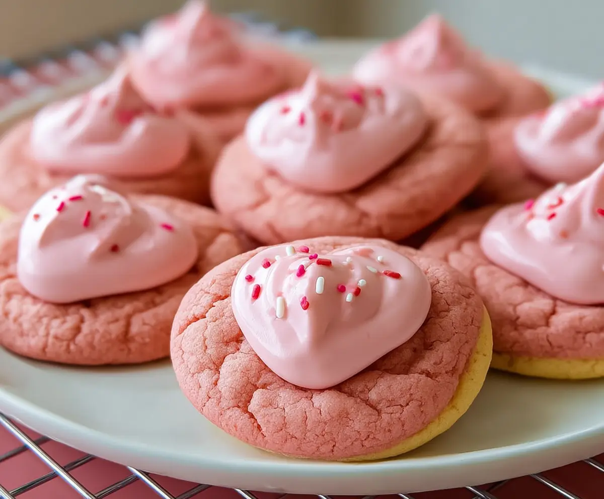 Delicious Strawberry Kiss Valentine Cookies decorated with pink icing and sprinkles for Valentine's Day celebration.