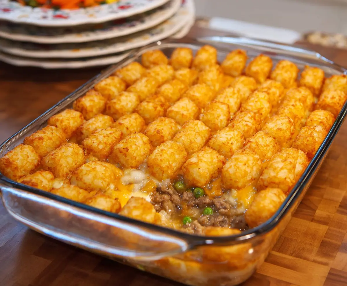 Delicious tater tot casserole with melted cheese and crispy toppings, perfect for a comforting meal.