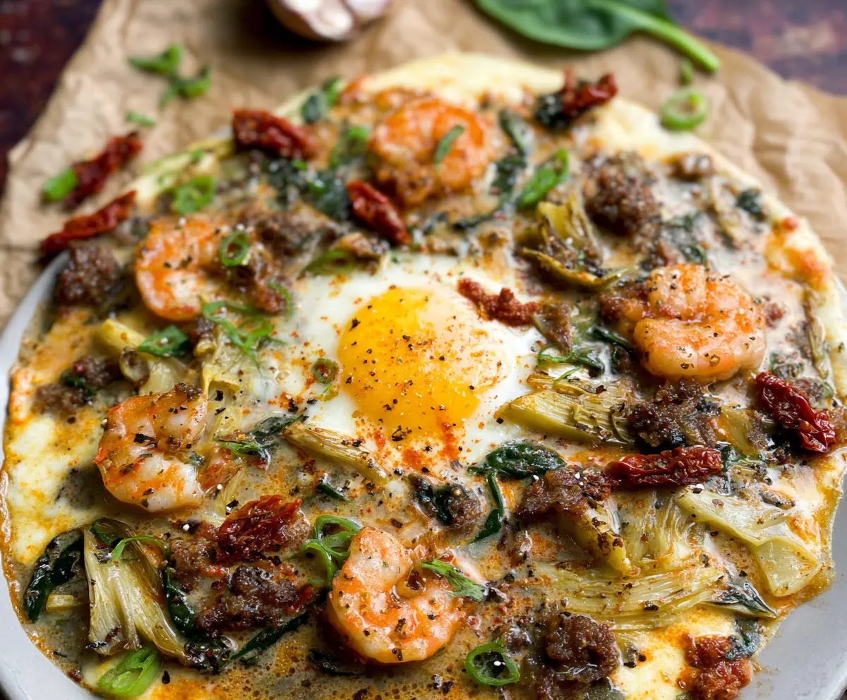 Delicious Tuscan shrimp skillet with fresh spinach, artichokes, and sun-dried tomatoes served on a white plate.