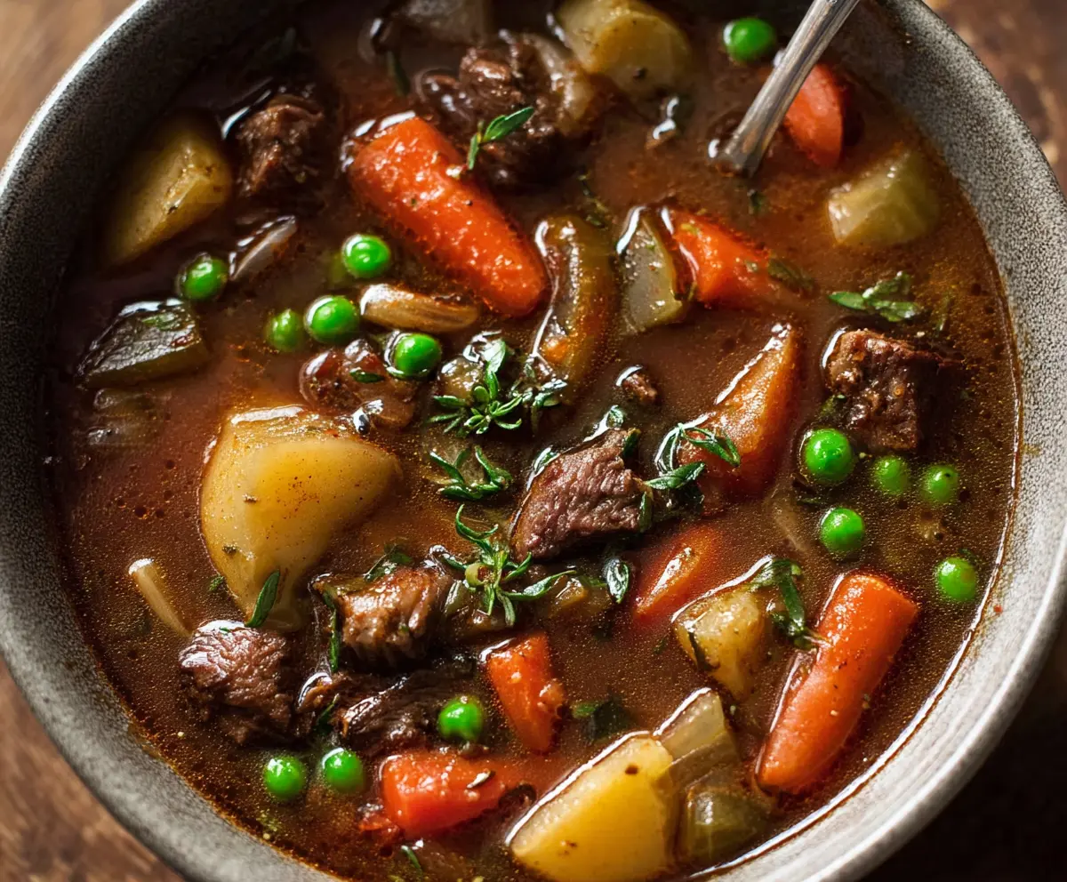 Hearty vegetable beef soup in a bowl with fresh vegetables and tender beef chunks