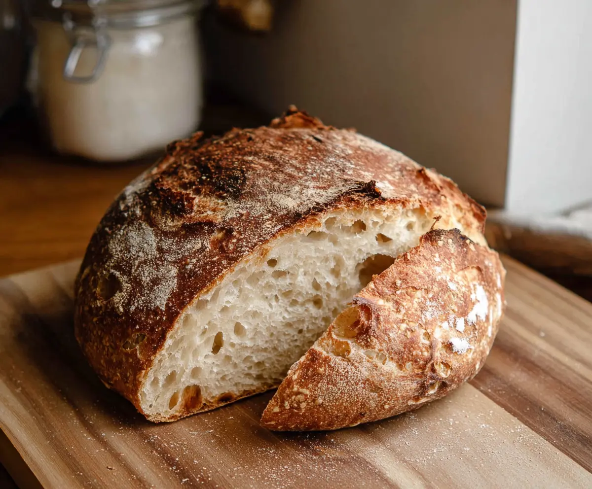 Golden crust homemade sourdough bread with a rustic interior, freshly baked and sliced for serving.