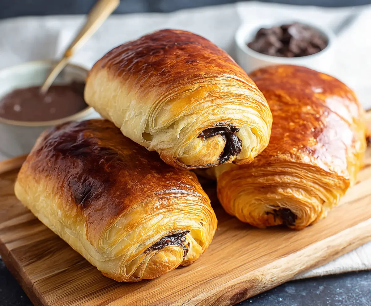 Golden crispy chocolate croissants filled with rich melted chocolate for a delicious breakfast treat
