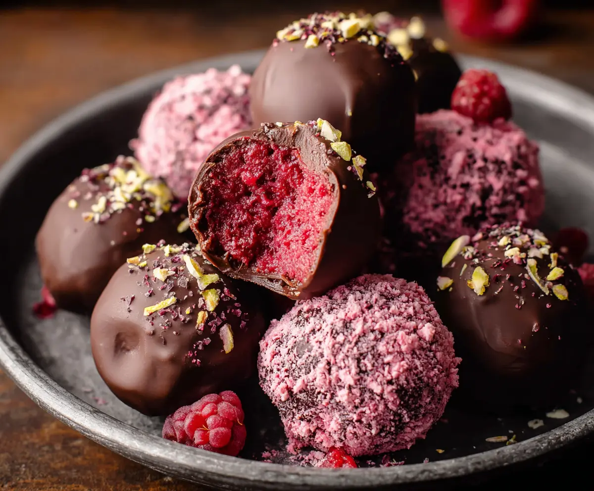Delicious chocolate raspberry truffles perfect for Valentine's Day desserts.