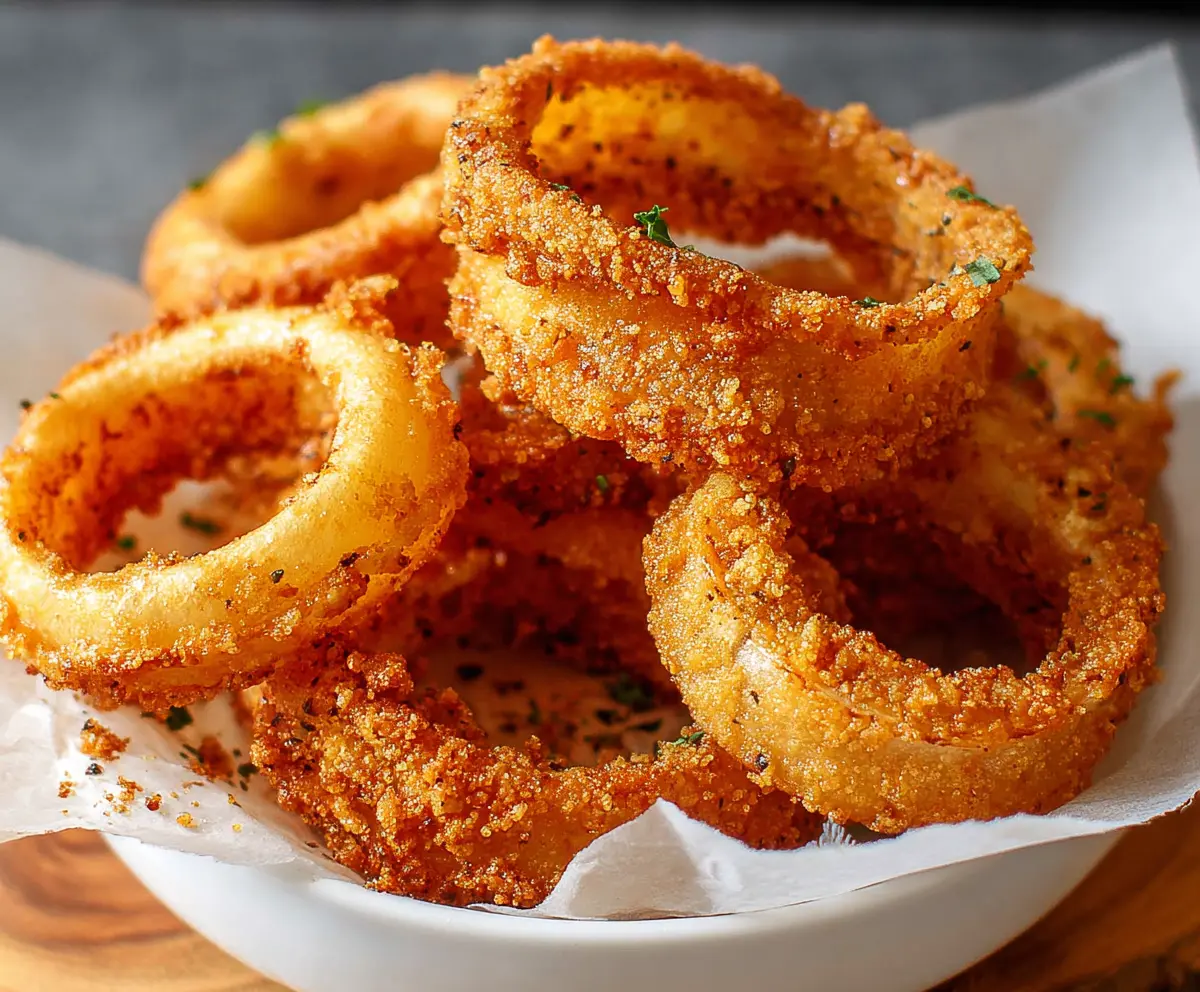 Crispy keto onion rings served as a low carb appetizer on a white plate with dipping sauce.