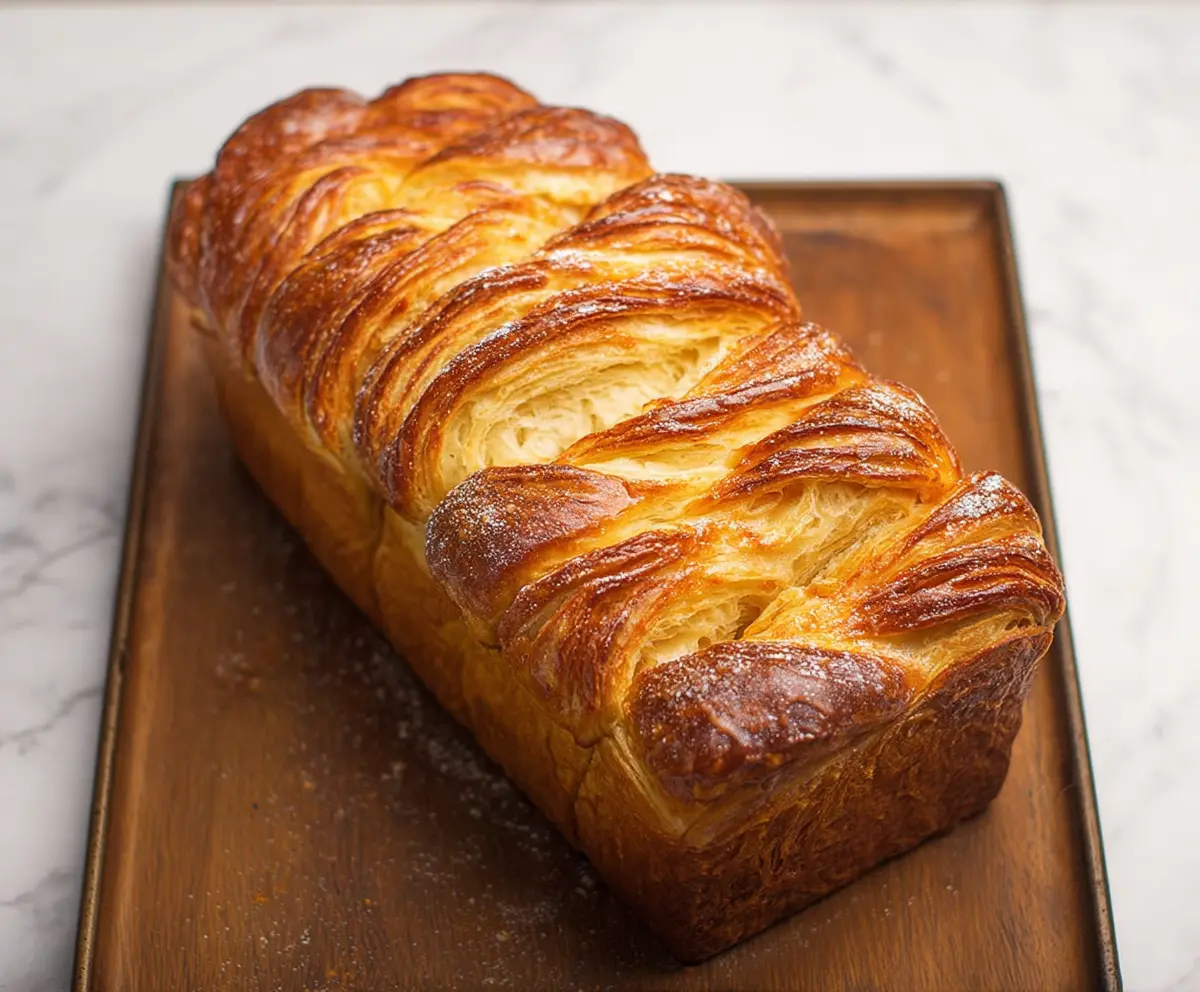 Golden-brown Croissant Bread Loaf sliced to reveal flaky layers, perfect for breakfast or snack.