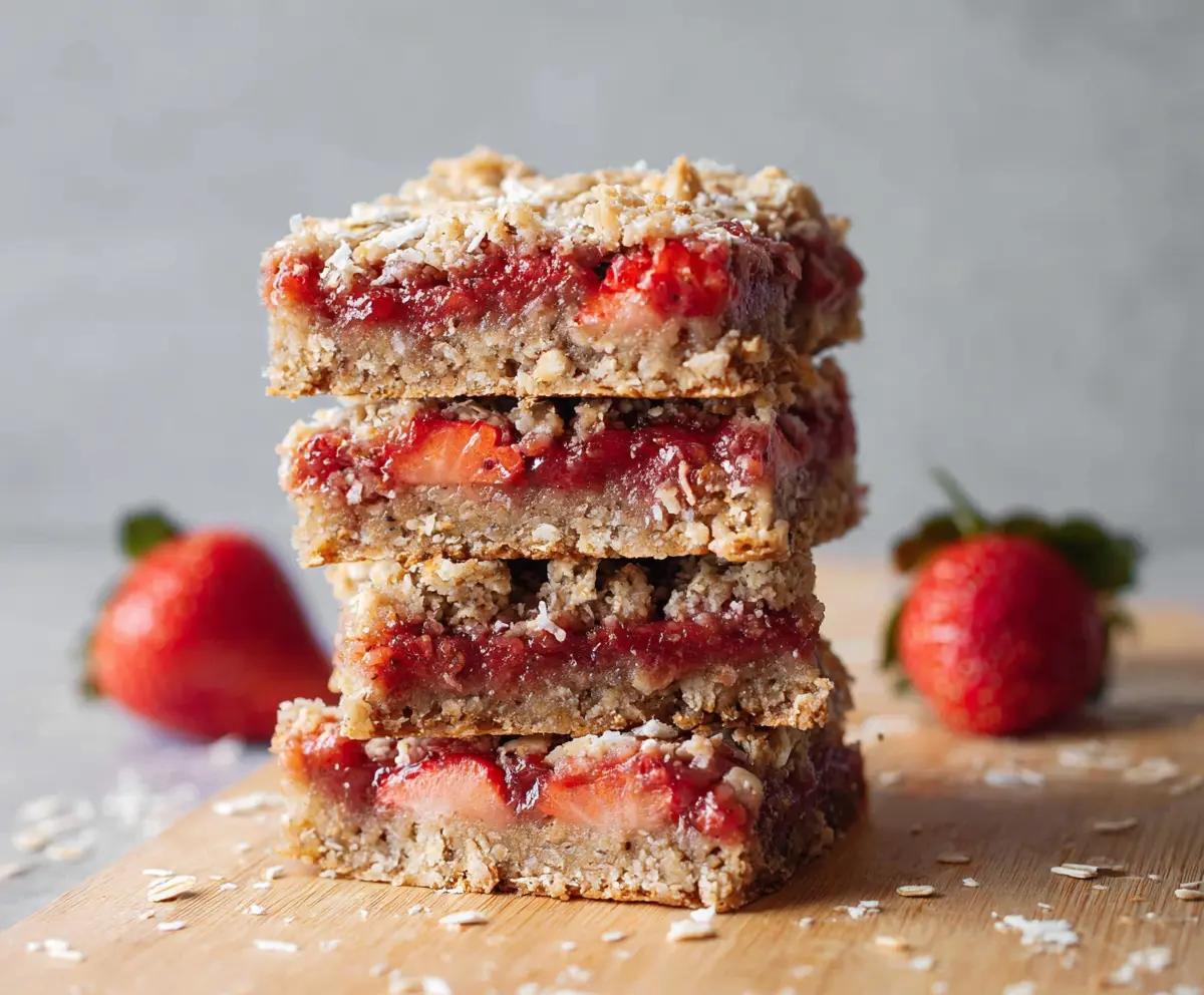 Delicious vegan and gluten-free strawberry oatmeal bars on a plate, showcasing fresh strawberries and oats.
