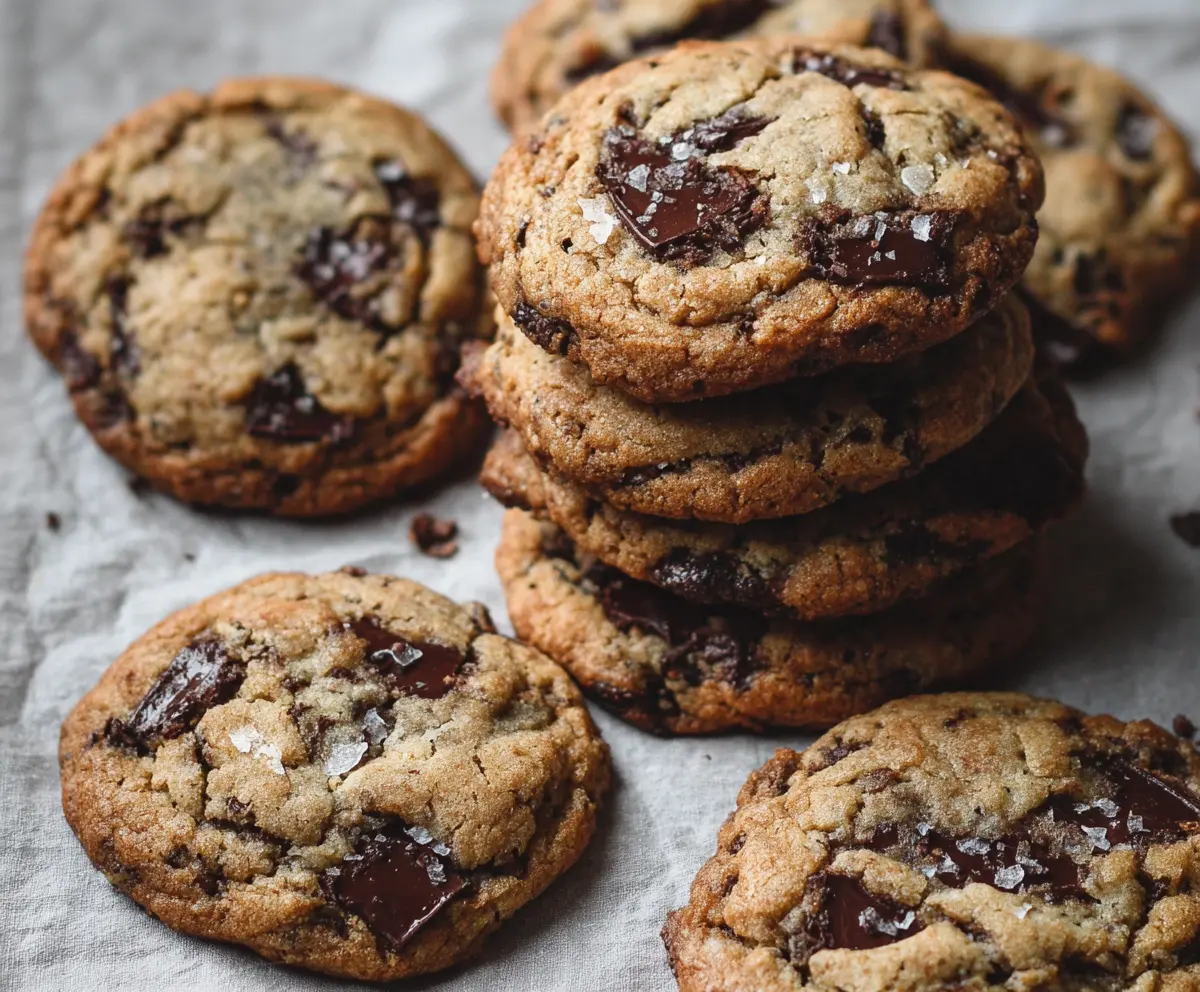Delicious sourdough discard chocolate chip cookies fresh out of the oven showcasing gooey chocolate chips.