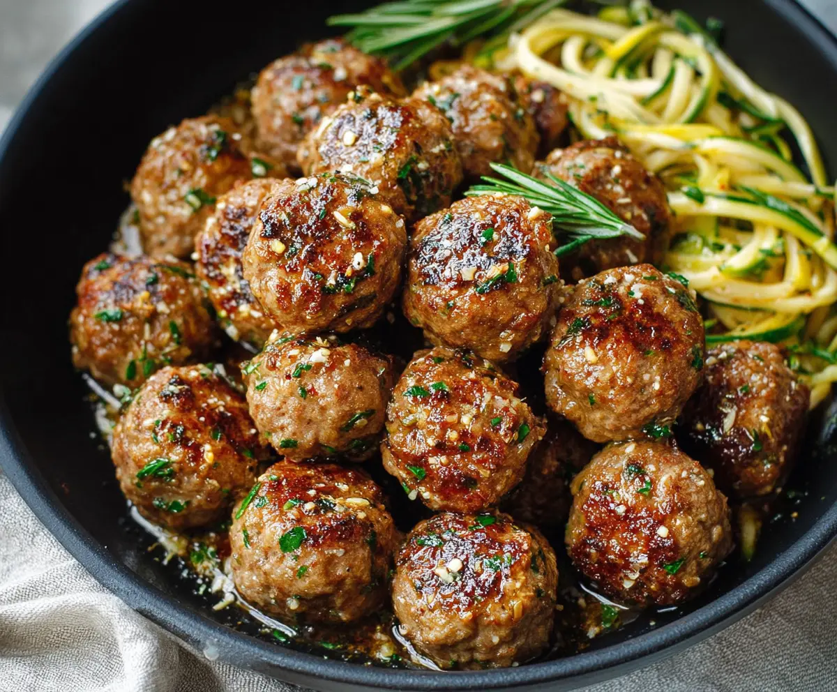 Close-up of savory keto garlic butter meatballs garnished with fresh herbs on a white plate.