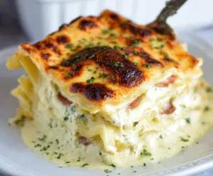 Delicious creamy white lasagna with layers of cheese and tender pasta ready to serve.