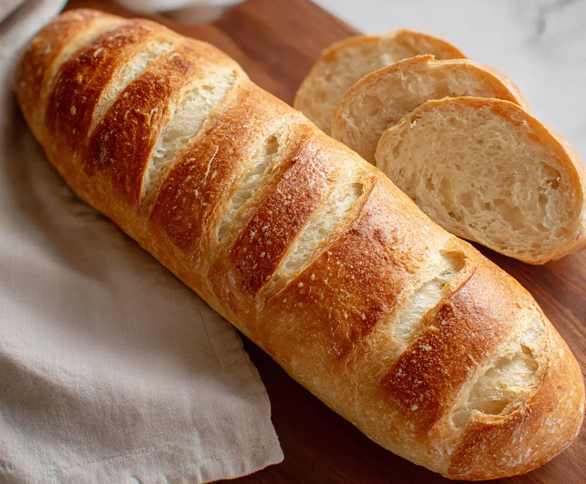 Golden crust quick sourdough discard French bread on a wooden board ready to serve