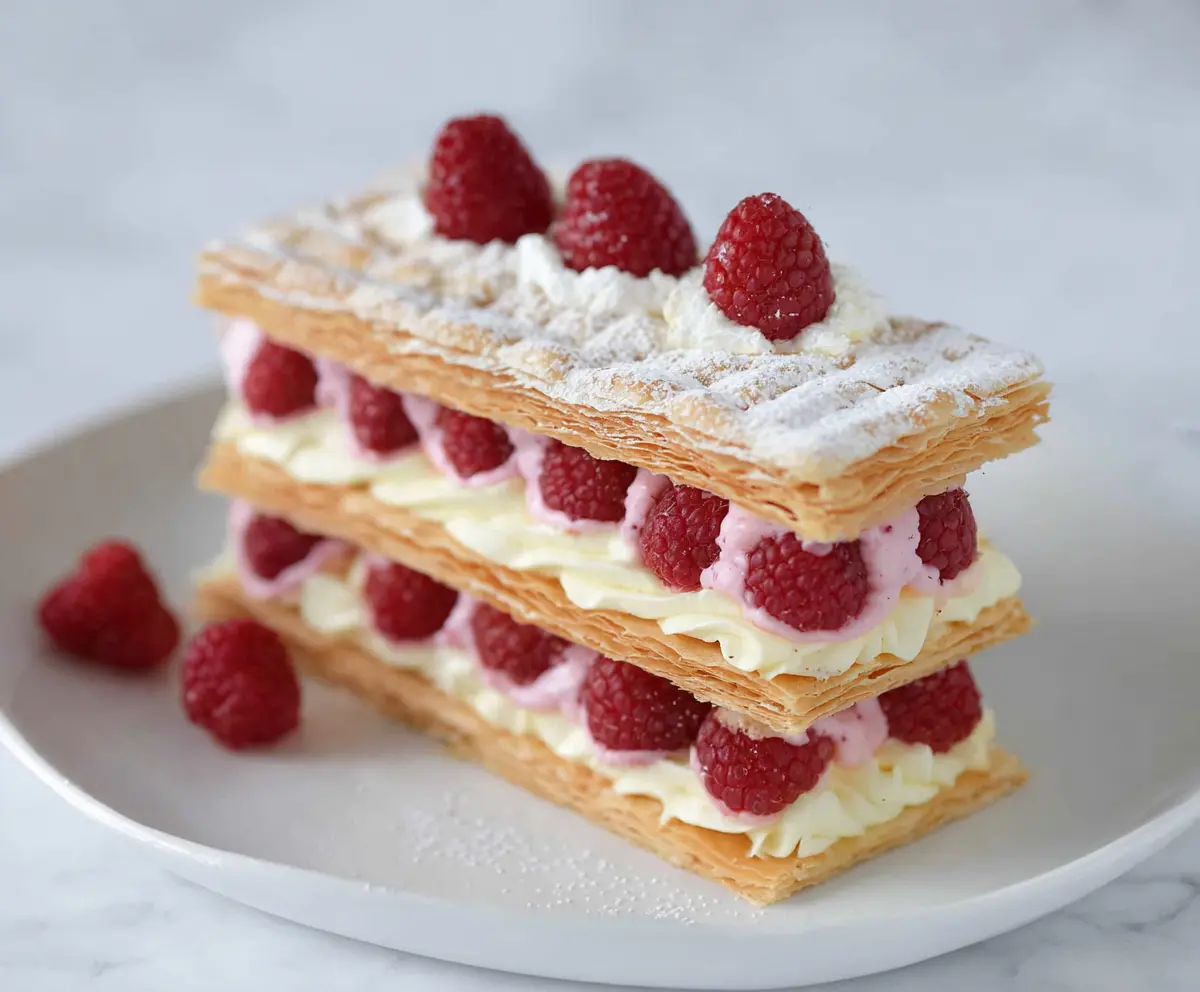 Delicious Raspberry Cream Napoleon with layers of fresh raspberries and creamy filling, perfect for Valentine's Day dessert.