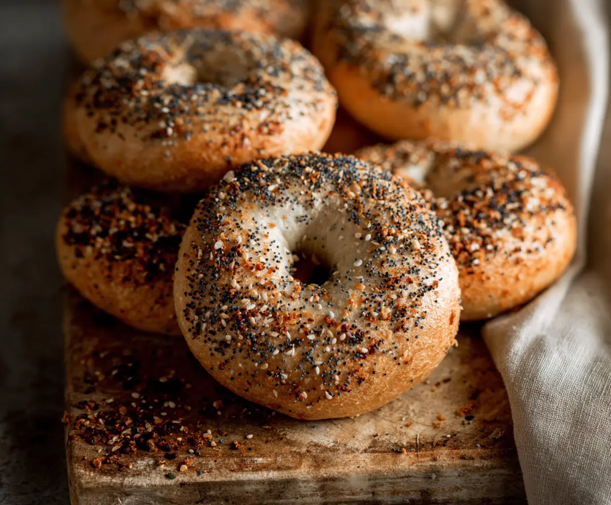 Golden brown sourdough bagels with a shiny crust on a white plate, garnished with sesame seeds.