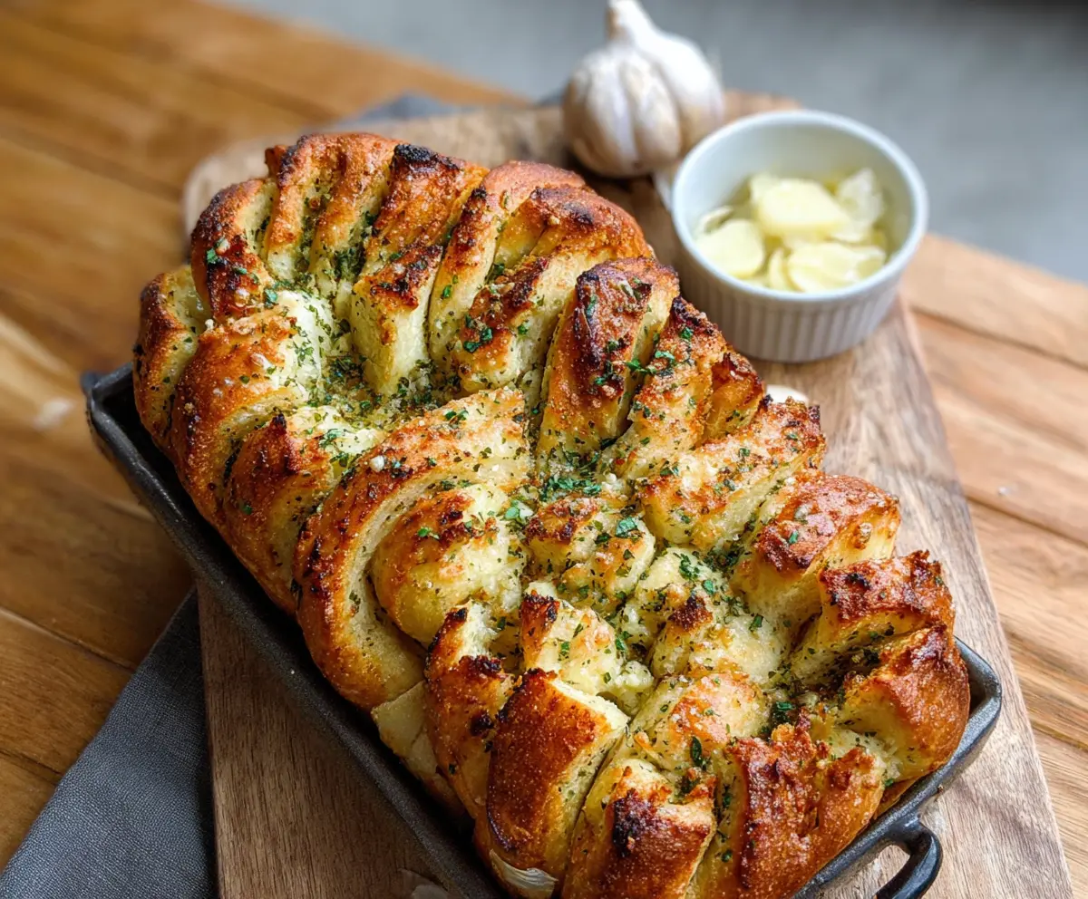 Delicious sourdough discard garlic pull apart bread fresh out of the oven, showcasing golden layers and crispy edges.