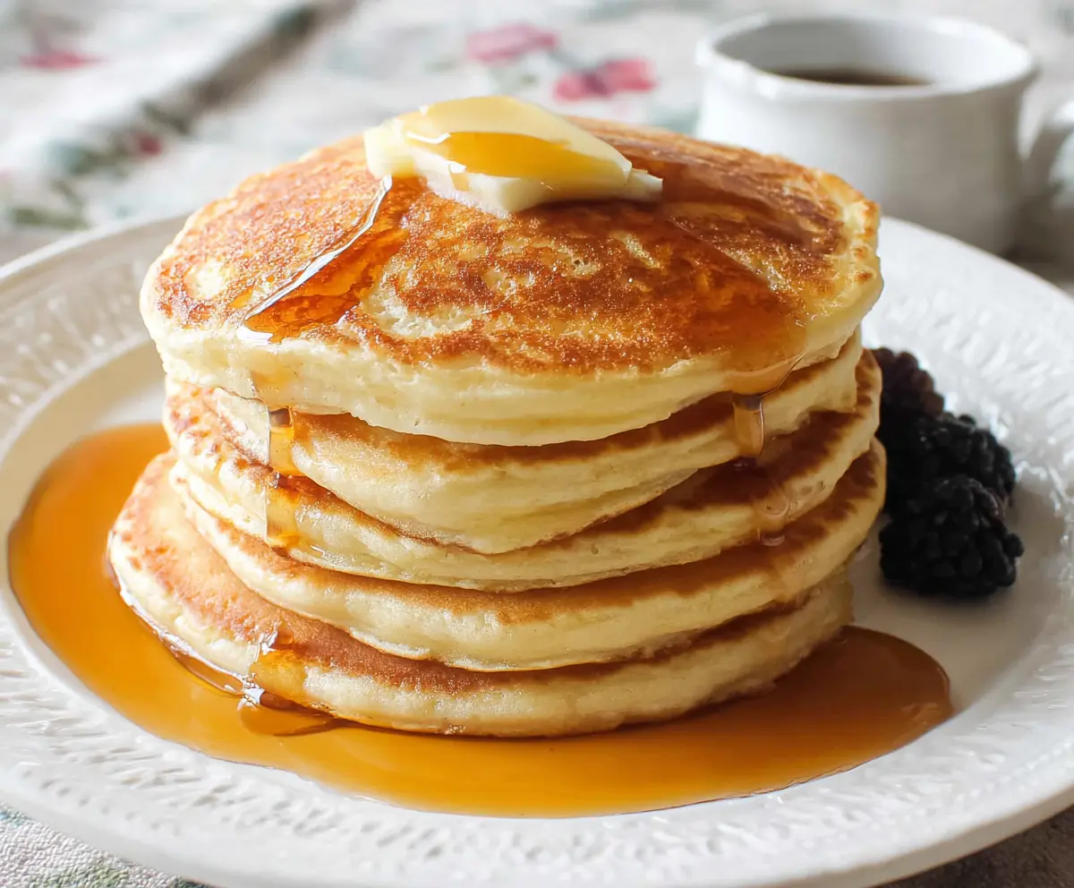 Delicious homemade sourdough discard pancakes topped with fresh fruit and syrup.
