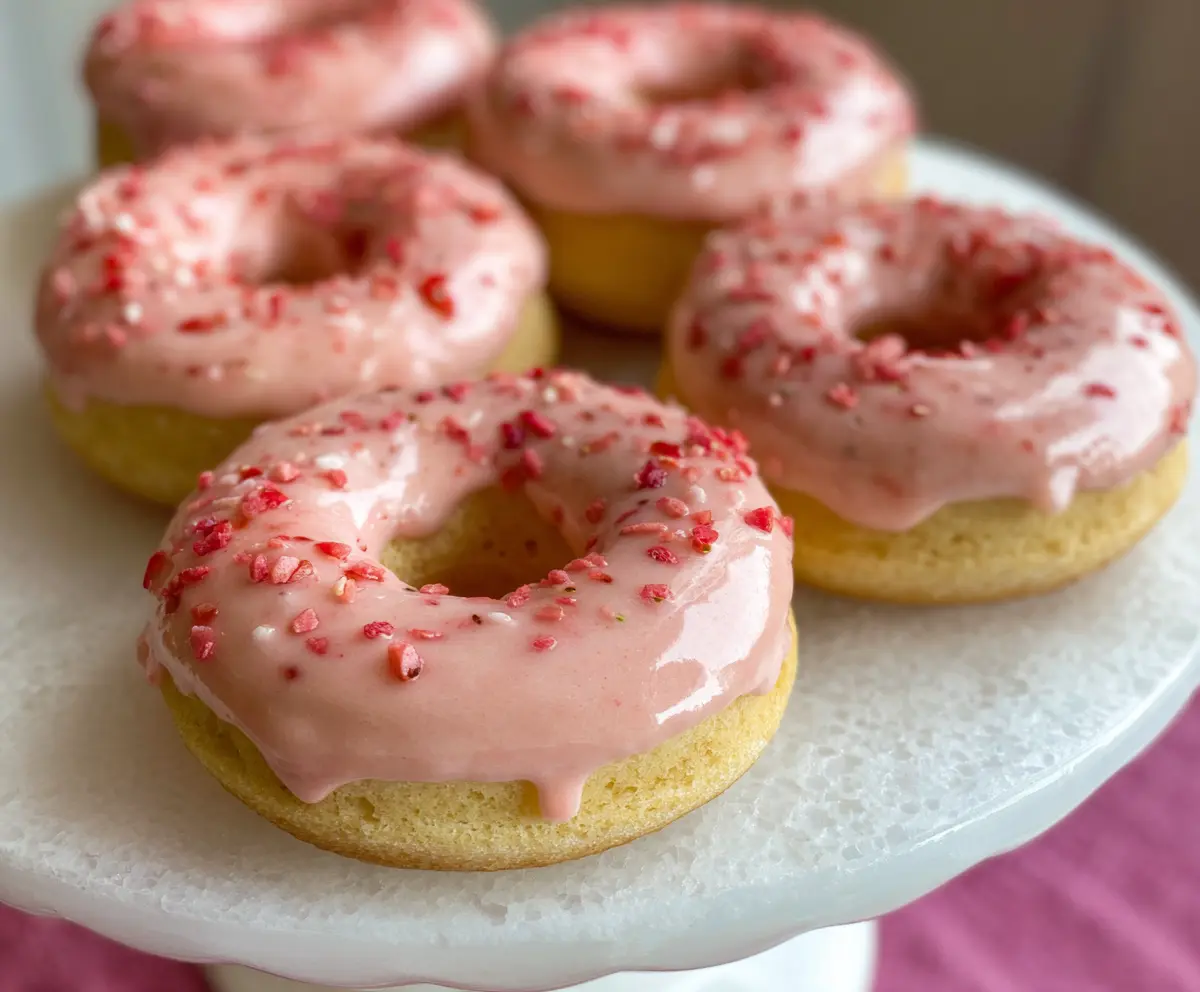 Delicious Valentine’s Day strawberry donuts decorated with pink icing and festive sprinkles