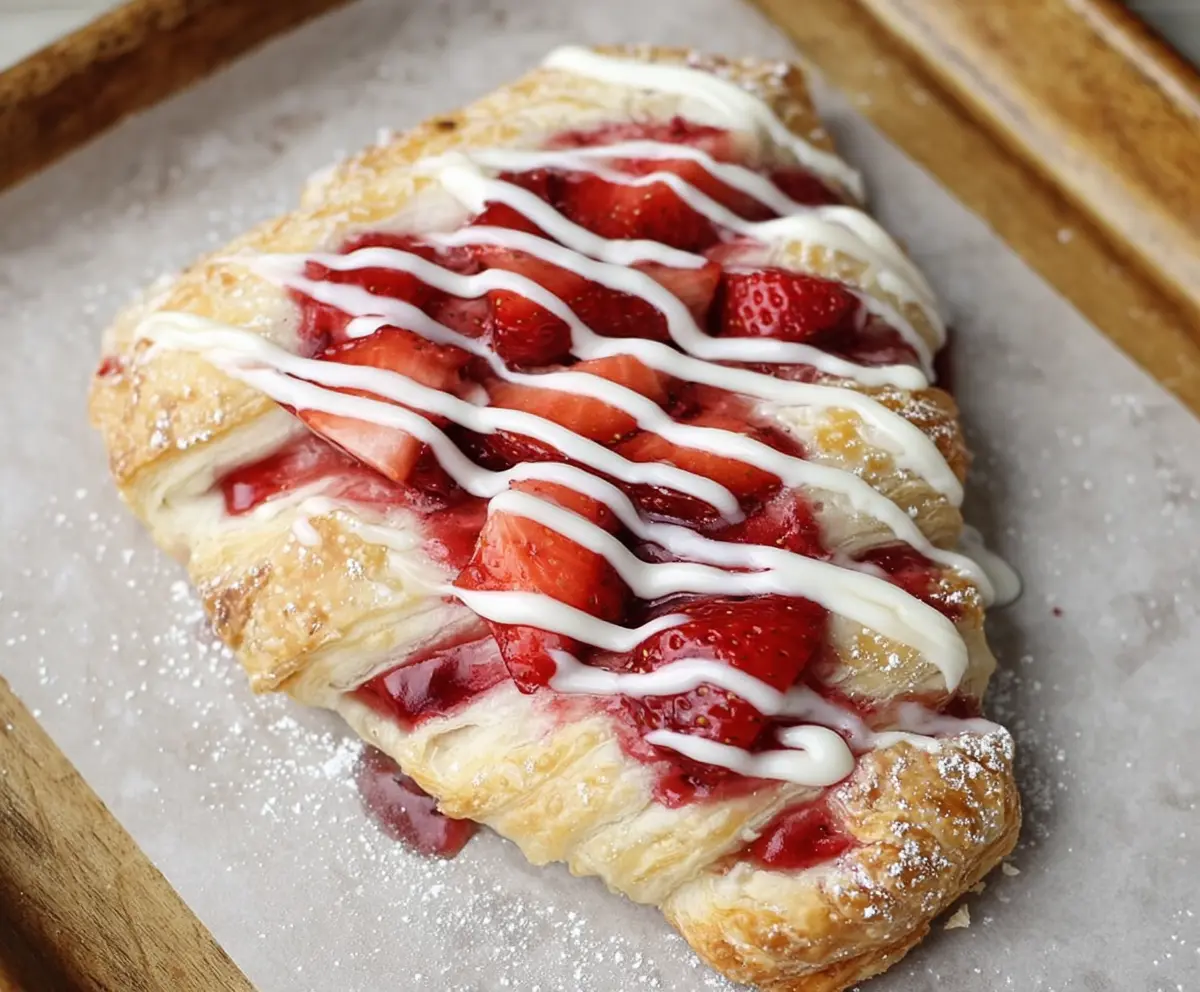 Delicious Vegan Strawberry Cream Danish as a Valentine's dessert with fresh strawberries and creamy filling.
